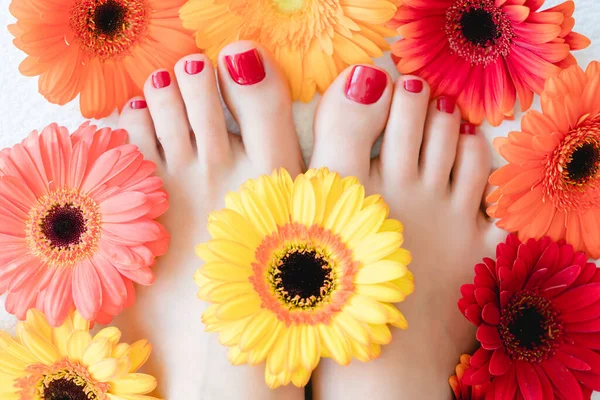 Tånaglar efter pedikyr med röd nagellack mellan blommor — Stockfoto