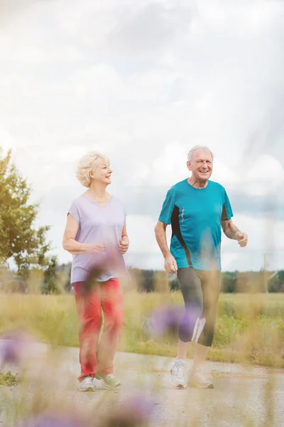 Ajuste y pareja mayor activa corriendo al aire libre como ejercicio —  Fotos de Stock