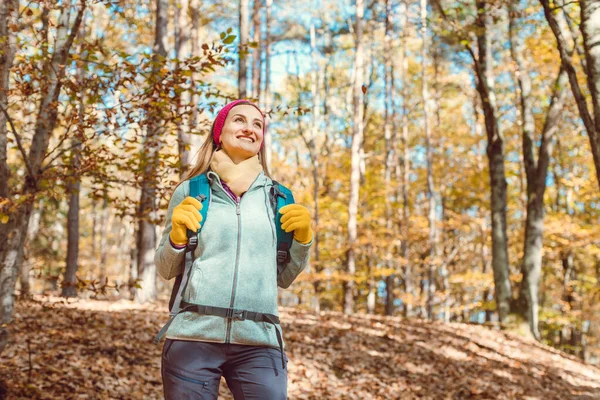 Woman hiking during autumn forest — Stock Photo, Image