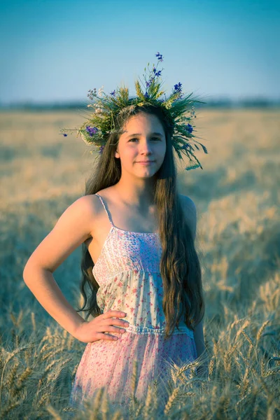 Portrait of young girl at wheat field — Stock Photo, Image