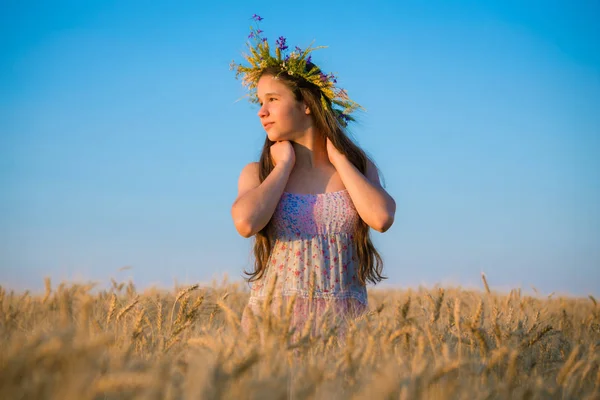 Νεαρό κορίτσι στο χωράφι με ώριμο σιτάρι — Φωτογραφία Αρχείου