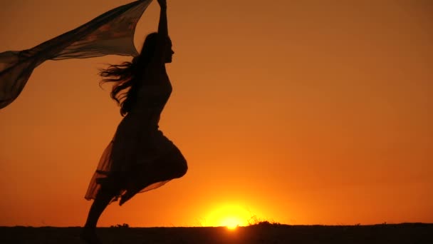 Silueta unei tinere fete care merge împotriva apusului de soare — Videoclip de stoc
