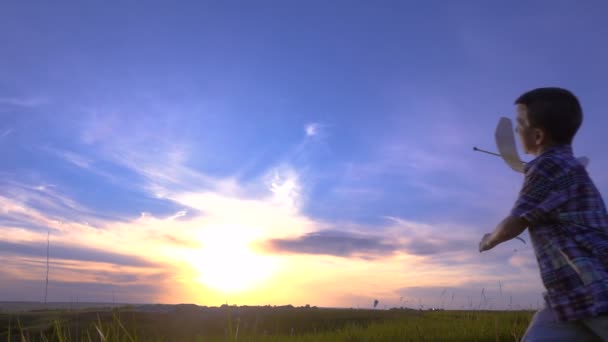 Silueta de niño lanzando sus aviones contra el atardecer — Vídeo de stock