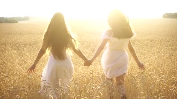 Duas meninas correndo no campo de trigo juntas — Vídeo de Stock