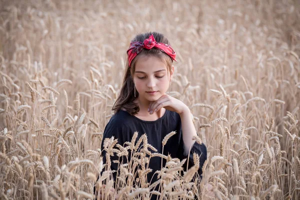 Entzückendes Mädchen steht auf einem Weizenfeld — Stockfoto