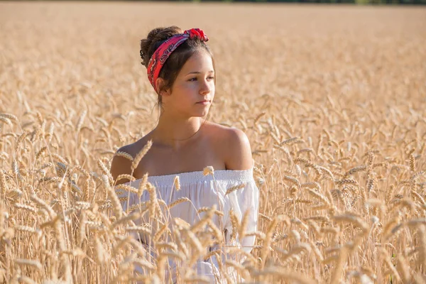 Adorable young girl on golden wheat field — Stock Photo, Image