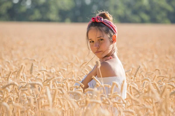 Imádnivaló, fiatal lány a aranyszínű Búzamező — Stock Fotó