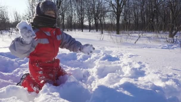 Drôle enfant jouer avec boules de neige sur parc d'hiver — Video