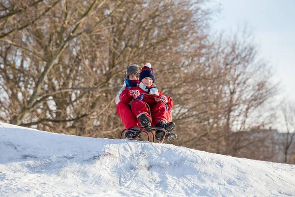 Ridi 待って雪に覆われた丘の上にそりで二人の少年 — ストック写真