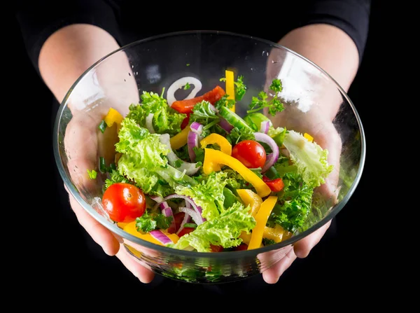 Muita verduras de redução molhadas em prato de vidro em mãos de mulher — Fotografia de Stock