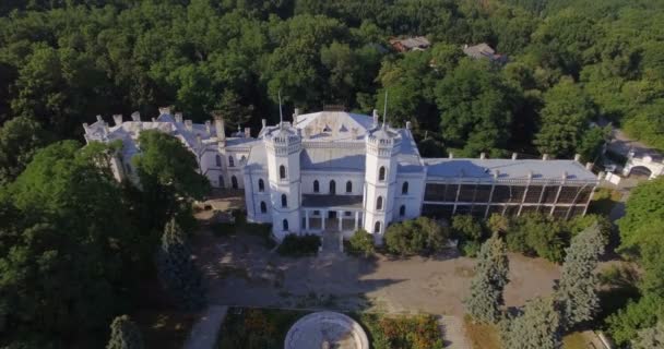 Вид с воздуха на старый заброшенный дворец в Шаровке, Харьковская область — стоковое видео