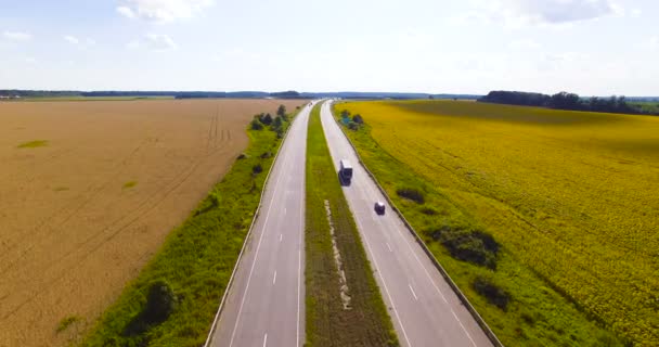 車で高速道路への空中ビュー 晴れた日にフィールドと空と田園風景 — ストック動画