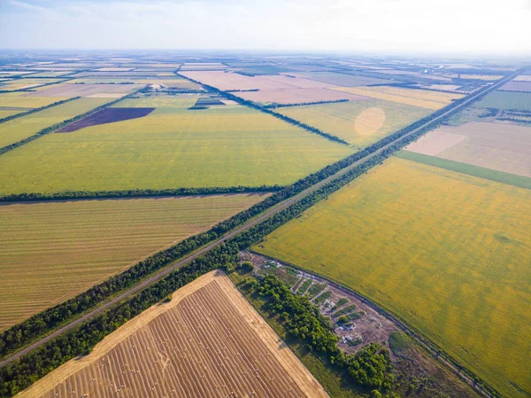 Vista aérea para o campo dourado com fardos de rolo de palha de trigo e campo de girassol — Fotografia de Stock