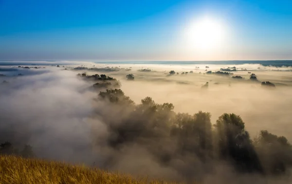 Утренняя Туманная Долина Рекой Холмами Сухой Травой Спокойный Осенний Пейзаж — стоковое фото