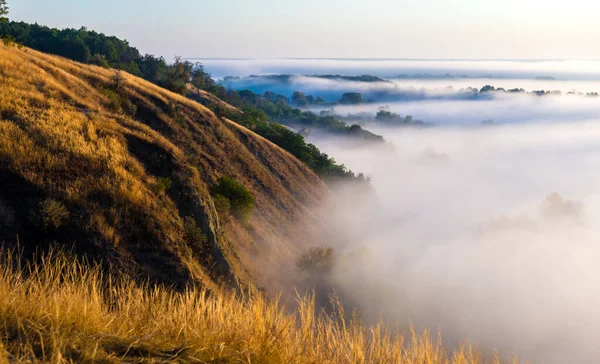 Утренняя Туманная Долина Рекой Холмами Сухой Травой Спокойный Осенний Пейзаж — стоковое фото