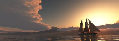 3D illüstrasyon, denizde yelkenli.