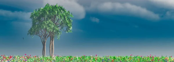 树和田野 自然概念 3D图解 — 图库照片