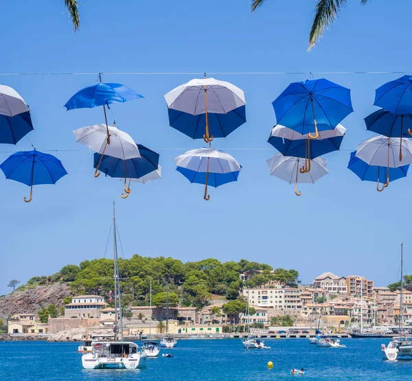 Soller Port Beach Decoration Umbrellas Mallorca Spain — Stock Photo, Image