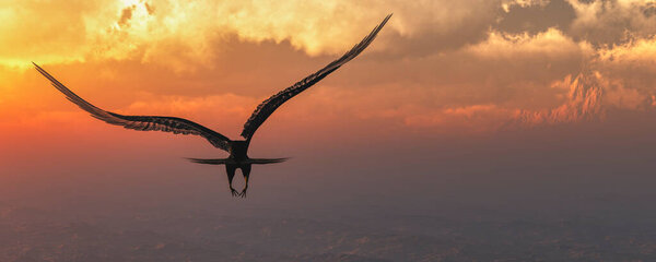 3d illustration Eagle flying in the clouds at dawn