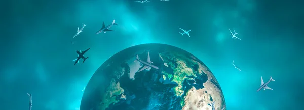 3Dイラスト 飛行機や地球の世界 — ストック写真