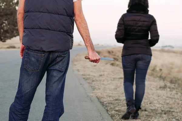 Criminal Knife Chasing Woman — Stock Photo, Image