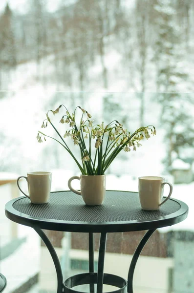 Подснежники и пить кружки на балконе, зимнее время — стоковое фото