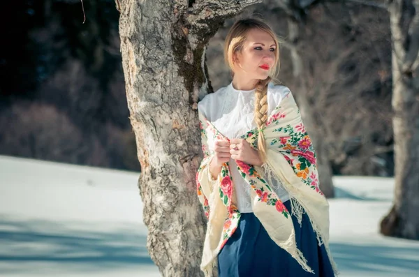 Woman portrait in the snow. Russian style — Stock Photo, Image