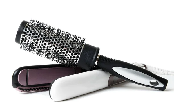 Żeńska parowa suszarka do włosów na białym, curling Iron — Zdjęcie stockowe