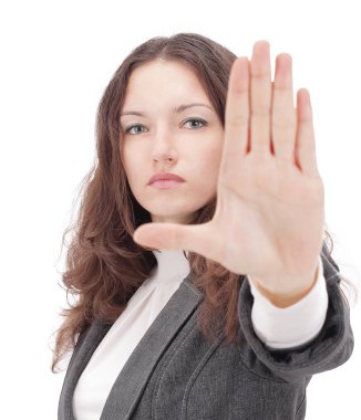 Dur gesture.isolated beyaz gösterilen closeup.business kadın