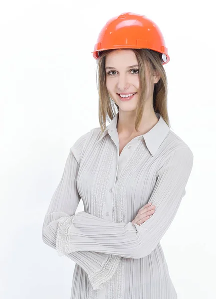 Primo piano .confident ingegnere femminile .isolato su bianco — Foto Stock