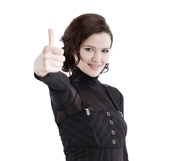 Closeup.modern business woman showing thumb up — Stock Photo, Image