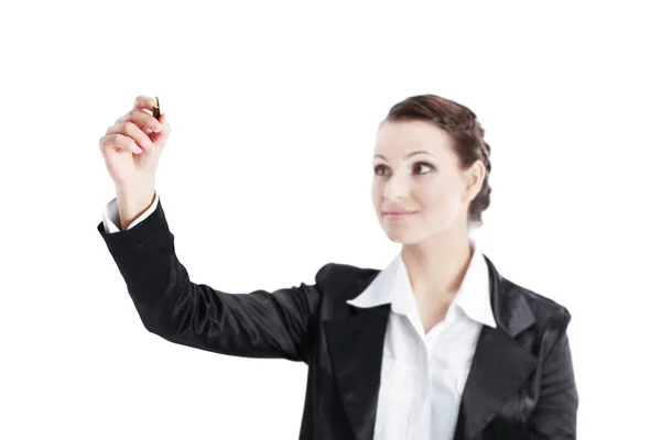 Business woman pointing with pencil at the virtual point — Stock Photo, Image