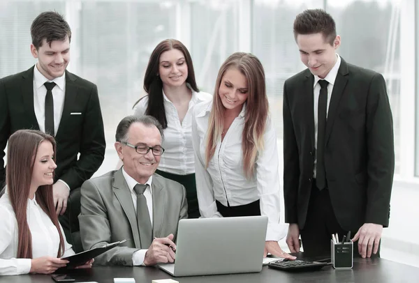 Директор и бизнес-команда смотрят на экран ноутбука . — стоковое фото