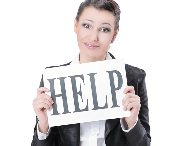 Frustrierte Geschäftsfrau zeigt Papier, schreibt Hilfe — Stockfoto