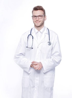 beyaz üzerine emin terapist .isolated tam growth.portrait içinde