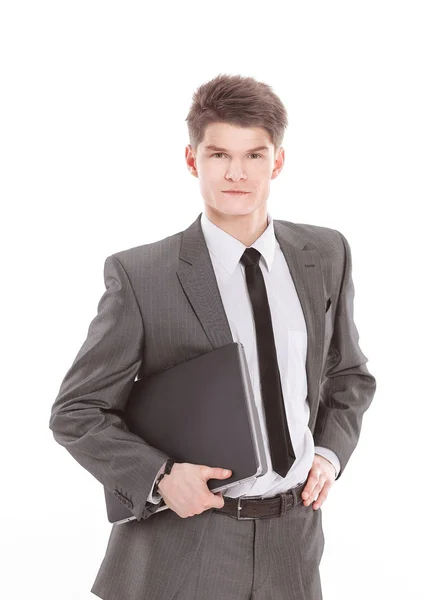 Joven empresario seguro de sí mismo con un ordenador portátil .isolated en un blanco — Foto de Stock