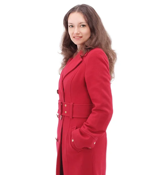 Closeup.portrait of a smiling young woman in red coat. — Stock Photo, Image