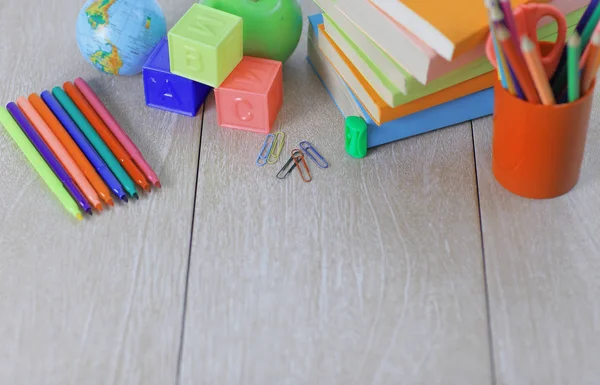 School supplies on wooden background.photo with copy space — Stock Photo, Image