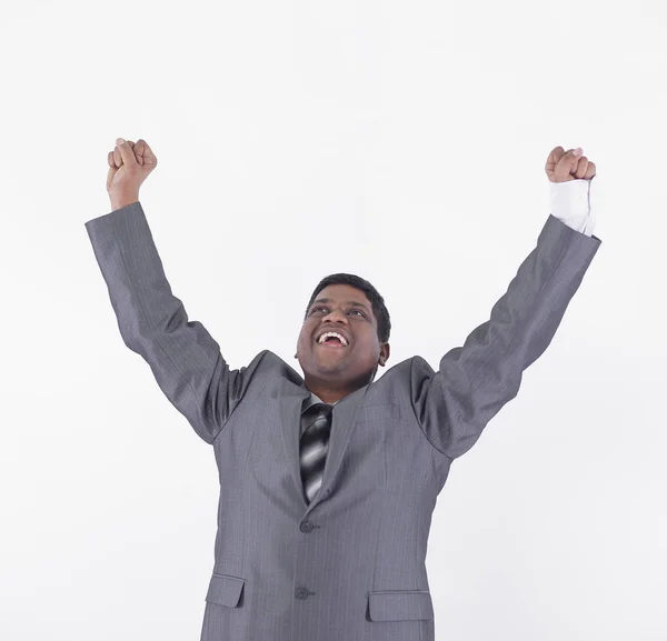 Homem de negócios muito feliz .isolated em um fundo branco . — Fotografia de Stock