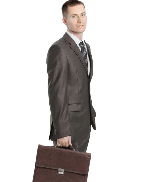 Uomo d'affari esecutivo con una valigetta in pelle.isolato su bianco — Foto Stock