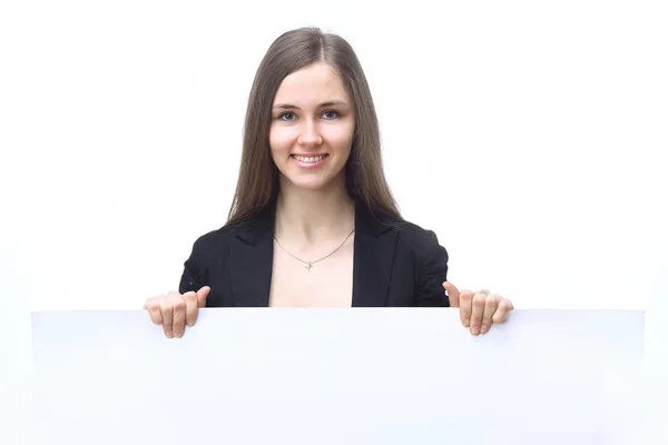 Leidinggevenden jonge zakelijke vrouw weergegeven: lege banner. — Stockfoto