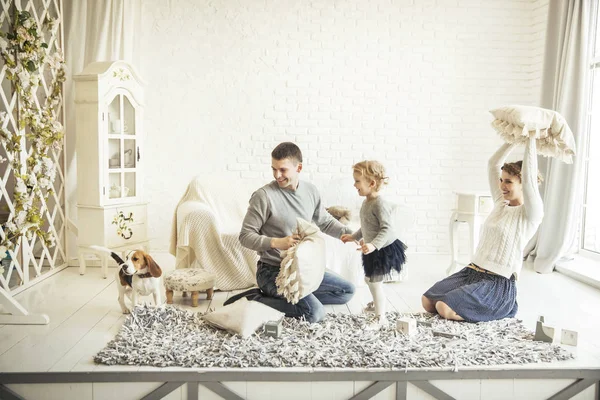 Família feliz e cão de estimação brincando com travesseiros na espaçosa sala de estar — Fotografia de Stock