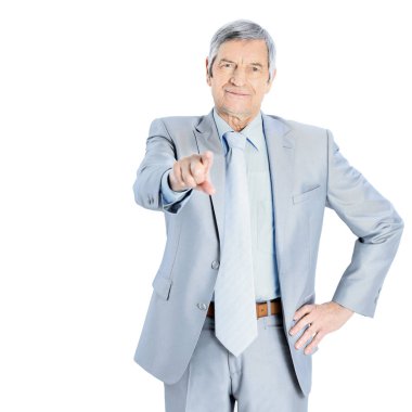 Yaşında, güzel iş adamı işaret parmağı.