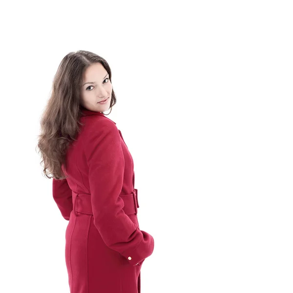 Beyaz üzerine kırmızı ceket .isolated güzel genç kadın — Stok fotoğraf