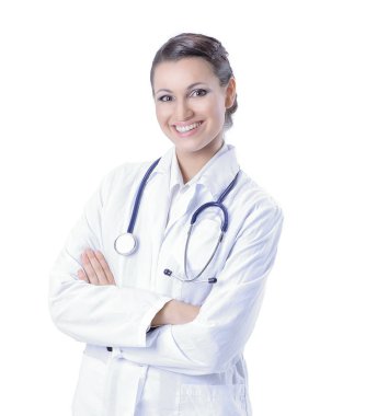 beyaz üzerine dostça bir kadın doctor.isolated portresi