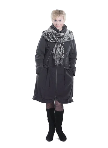 Mulher na moda em um casaco preto e scarf.isolated no branco . — Fotografia de Stock