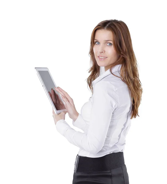 Modern business woman using a digital tablet. isolated on white — Stock Photo, Image