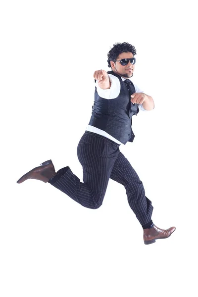 DJ elegante em óculos de sol leva a dança break.photo no fundo branco — Fotografia de Stock