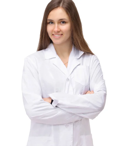 Lächelnde Doktorin. Isoliert auf weißem Hintergrund. — Stockfoto