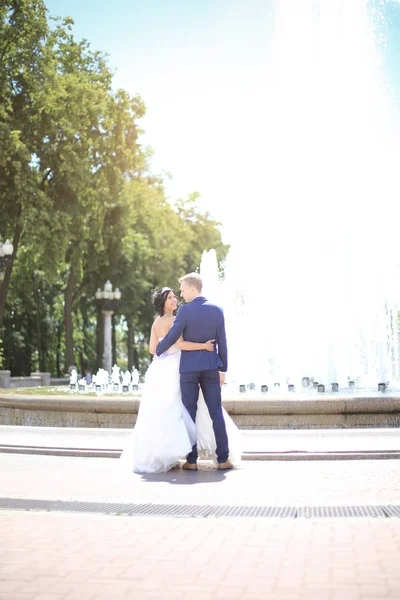 Bakre view.bride brudgummen omfamna varje other.outdoors — Stockfoto